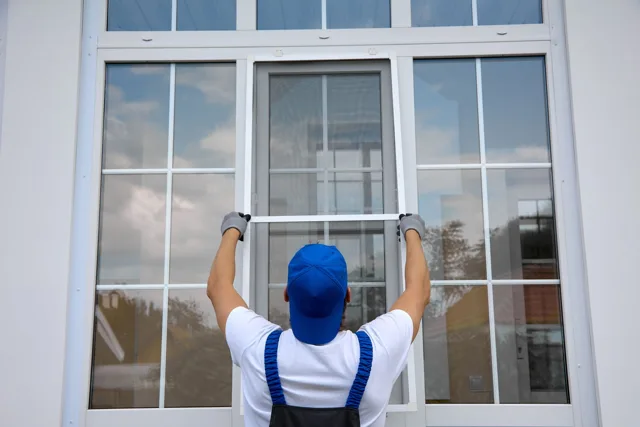 Window glass work at a white-framed residential window